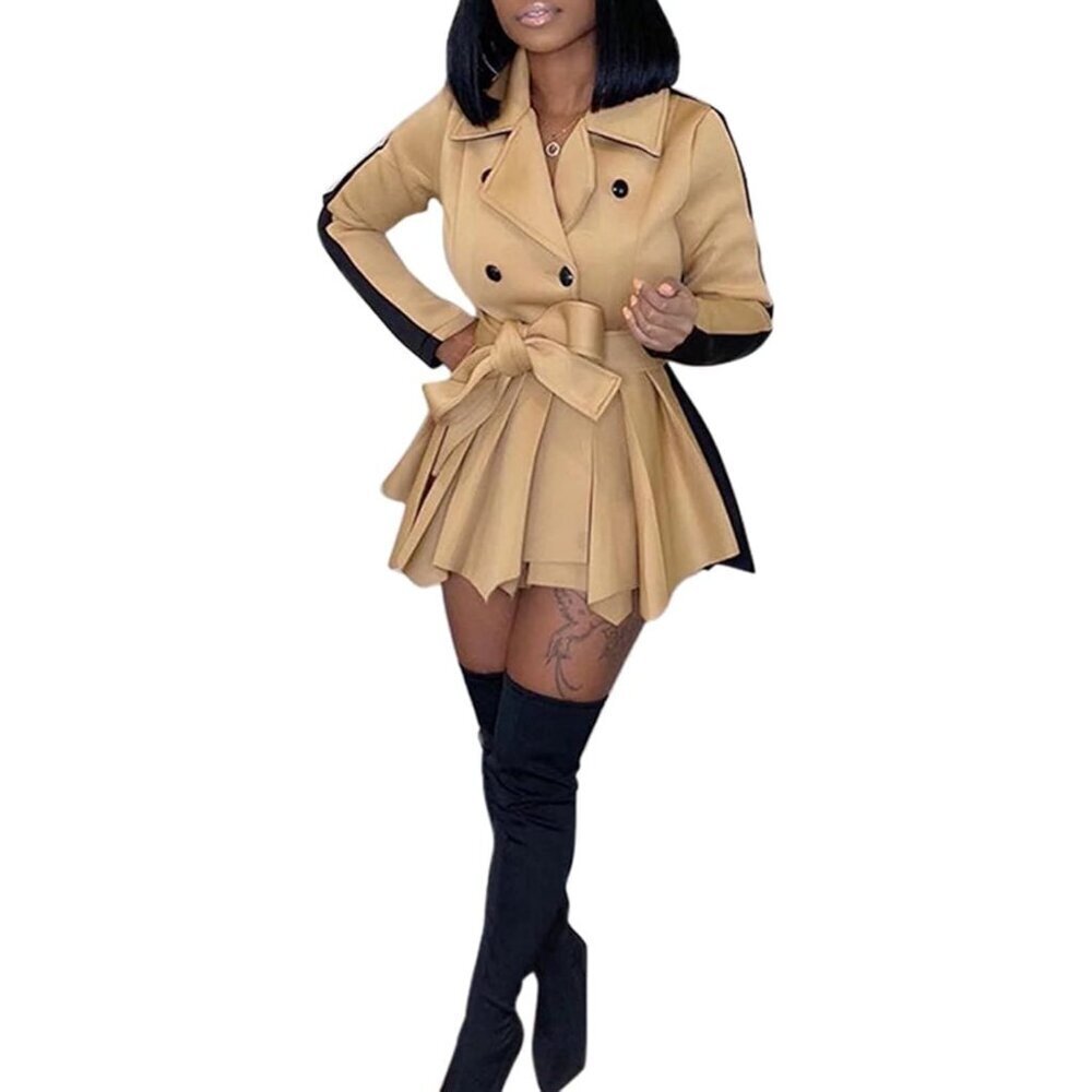 Women Khaki Two Tone V Neck Double Breasted Peplum Belted Blazer Mini Dress - Picture 3 of 7